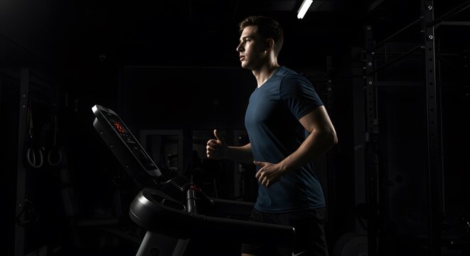 Young Man Running on Treadmill in Dark Gym