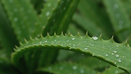 Naklejka premium Fresh aloe vera leaf with water droplets soft indoor lighting