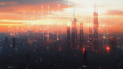 Naklejka premium Smart digital Innovation city with connection network reciprocity over the cityscape. of future smart wireless digital city and social media networking systems that connects people with in city