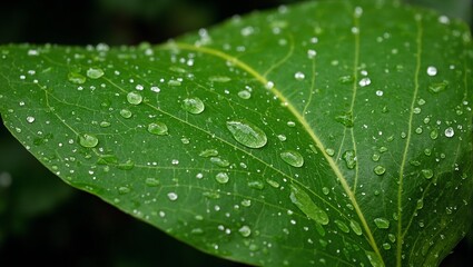 Green magnolia leaf with water droplets glossy under soft sunlight