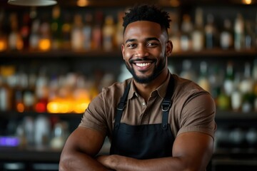 Fototapeta premium portrait of a young smiling Vanuatuan male bartender against blurred bar background