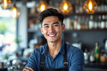 Fototapeta premium portrait of a young smiling Vietnamese male bartender against blurred bar background