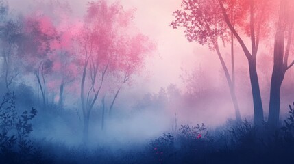 Pink And Blue Foggy Forest at Sunrise Digital Art