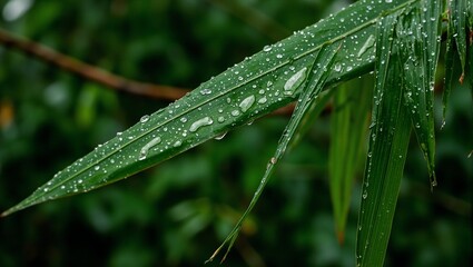 Obraz premium Tropical palm leaf with raindrops in rainforest