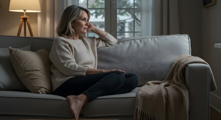 Obraz premium Woman sits on couch contemplating near window