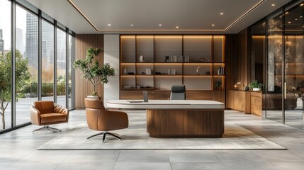 Modern office, city view, desk, chair, meeting