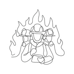 One continuous line drawing of The fire fighter brigade is on duty to put out the blazing fire vector illustration. Fire Fighting design illustration simple linear style vector concept for education.