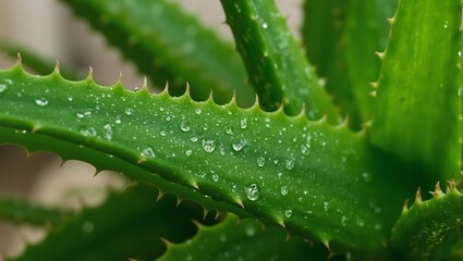 Fresh aloe vera leaf with water droplets under soft light