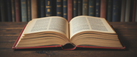 Open book with a scholarly mood representing knowledge against a bookshelf