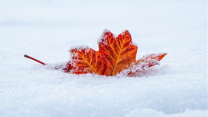 Vibrant maple leaf with frost on fresh snow