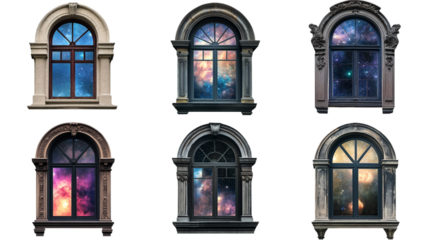 Collection of Elegant Window Designs Featuring Cosmic Reflections Against a Transparent Background