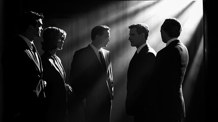 Business Leaders Engaging in Dialogue Under Dramatic Lighting