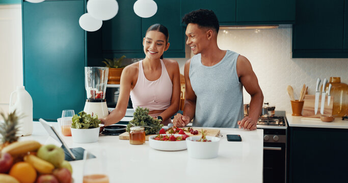 Blender, ingredients and couple with smoothie in kitchen for diet, health and wellness together. Love, happy and young woman and man with vegetables and fruit for nutrition juice breakfast in home.