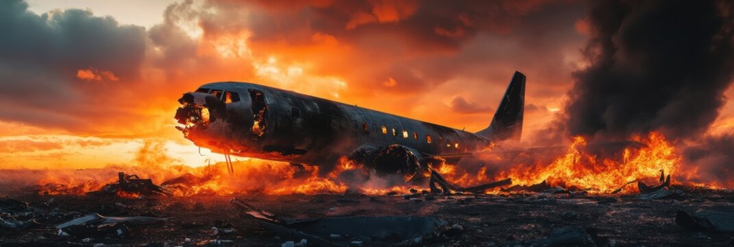 Fiery plane crash at sunset with intense flames engulfing aircraft wreckage. Generative AI