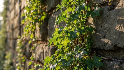 Obraz premium Green ivy leaf on stone wall with sunlight and shadows