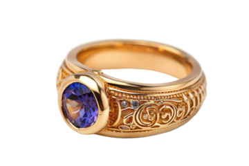 Gold Class Ring Featuring Intricate Designs and Gemstone Set Against a Transparent Background