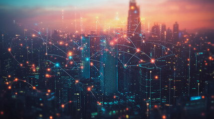 Fototapeta premium Abstract business man stands on Smart digital Innovation city with connection network reciprocity over the twilight cityscape. of future wireless digital city and social media networking systems