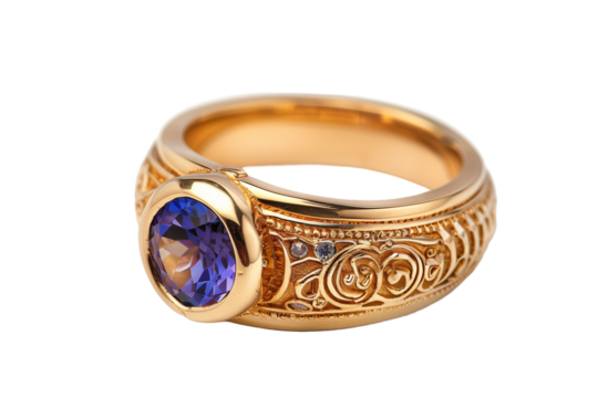 Gold Class Ring Featuring Intricate Designs and Gemstone Set Against a Transparent Background
