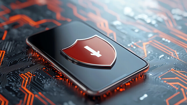 Protective shield icon on smartphone display technology sector digital content cybersecurity environment close-up view concept of financial protection