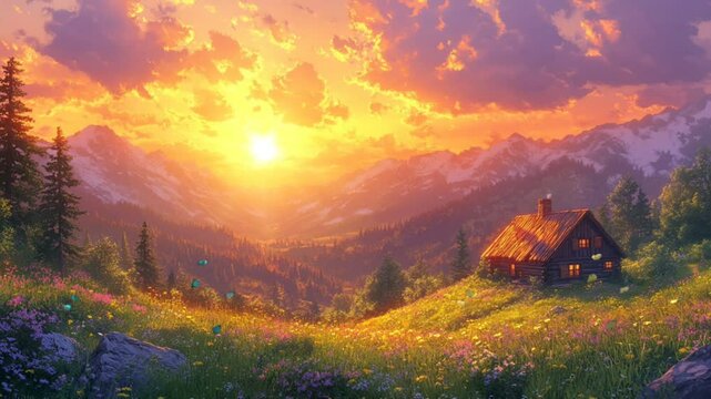 Mountain cabin surrounded by wildflowers under golden sunset sky in serene valley. Seamless looping 4k time-lapse animation video background