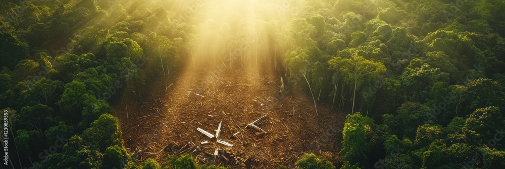 Poster dense forest clearing reveals airplane debris in a tranquil wilderness environment during golden hou