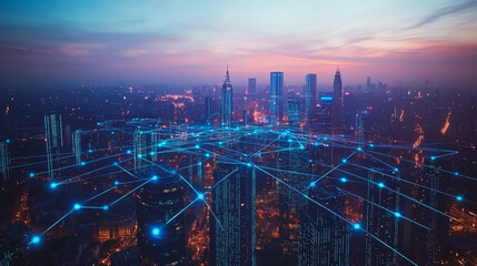 Fototapeta premium Abstract business man stands on Smart digital Innovation city with connection network reciprocity over the twilight cityscape. of future wireless digital city and social media networking systems