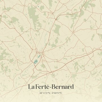 Retro map of La Fert�-Bernard, Pays de la Loire, France. Vintage street map.