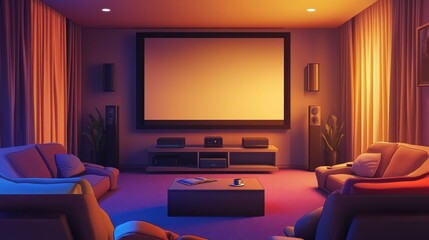 Modern home theater room with projection screen, sofas, and ambient lighting.