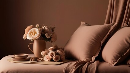 Cozy minimalist bedroom interior in mocha mousse tones with soft pillows, elegant drapery, and a bouquet of roses in a ceramic vase. Warm monochrome aesthetic with delicate lighting