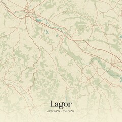 Retro map of Lagor, Nouvelle-Aquitaine, France. Vintage street map.