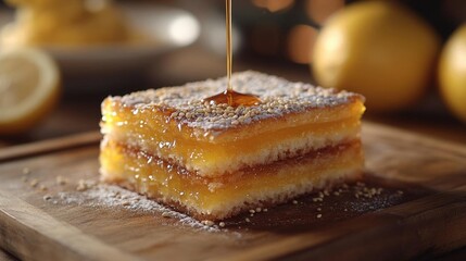 Golden Lemon Layer Cake Drizzled with Honey on Wooden Board