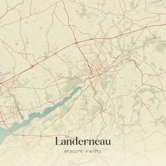 Retro map of Landerneau, Bretagne, France. Vintage street map.