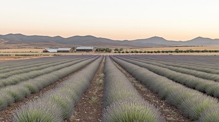 Rows of lavender plants in a field with mountains in the background at sunrise.
