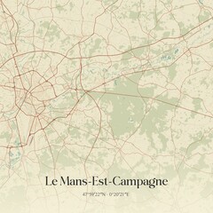 Retro map of Le Mans-Est-Campagne, Pays de la Loire, France. Vintage street map.