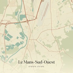 Retro map of Le Mans-Sud-Ouest, Pays de la Loire, France. Vintage street map.