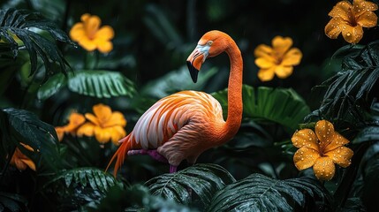 Fototapeta premium Flamingo amidst lush tropical foliage and flowers