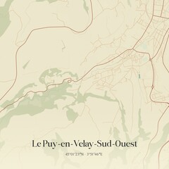 Retro map of Le Puy-en-Velay-Sud-Ouest, Auvergne-Rh�ne-Alpes, France. Vintage street map.