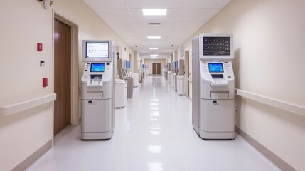 Modern Hospital Corridor with Medical Equipment and Technology