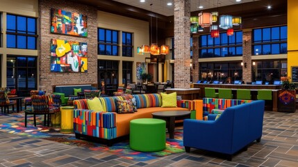 Vibrant hotel lobby with colorful seating, artwork, and lighting.