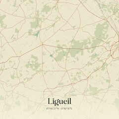 Retro map of Ligueil, Centre-Val de Loire, France. Vintage street map.