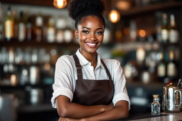 Fototapeta premium portrait of a young smiling Ivorian female bartender against blurred bar background