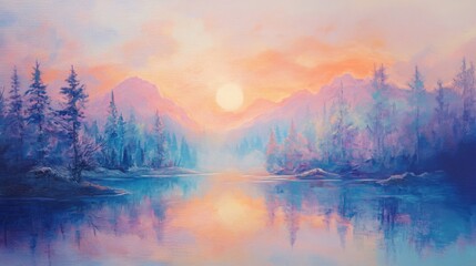 Fototapeta premium Pastel Sunset Over Serene Lake And Misty Mountains