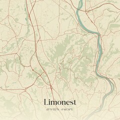 Retro map of Limonest, Auvergne-Rh�ne-Alpes, France. Vintage street map.
