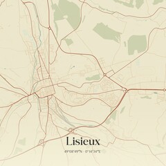 Retro map of Lisieux, Normandie, France. Vintage street map.