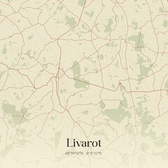 Retro map of Livarot, Normandie, France. Vintage street map.