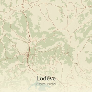 Retro map of Lod�ve, Occitanie, France. Vintage street map.