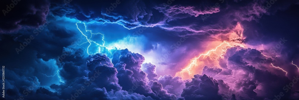 Poster airplane navigates turbulent stormy clouds during a lightning display at dusk. generative ai