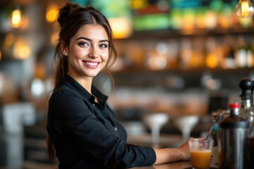 portrait of a young smiling Kazakh female bartender against blurred bar background