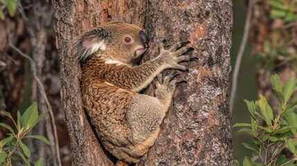 Obraz premium Young koala clinging to a tree trunk.