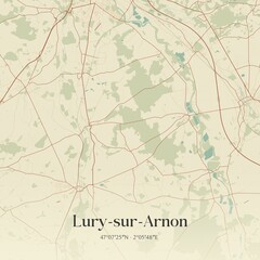 Retro map of Lury-sur-Arnon, Centre-Val de Loire, France. Vintage street map.